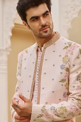 pink silk mens kurta jacket set with floral embroidery