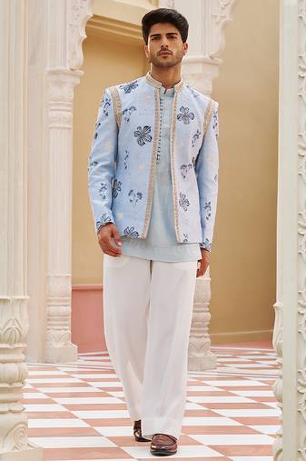 blue raw silk kurta jacket set with bandhgala design
