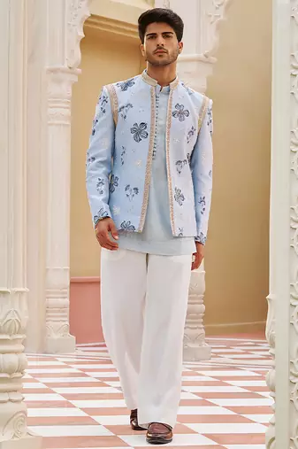 blue raw silk kurta jacket set with bandhgala design