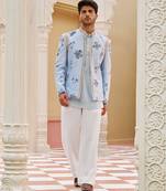 blue raw silk kurta jacket set with bandhgala design