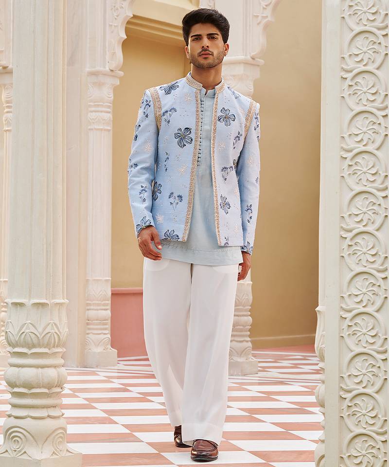 blue raw silk kurta jacket set with bandhgala design
