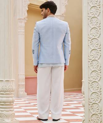 blue raw silk kurta jacket set with bandhgala design 2
