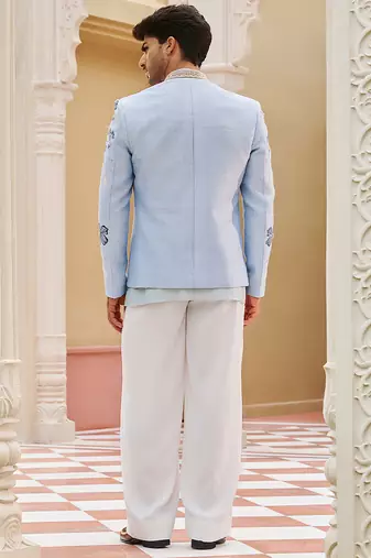 blue raw silk kurta jacket set with bandhgala design