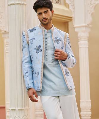 blue raw silk kurta jacket set with bandhgala design 3