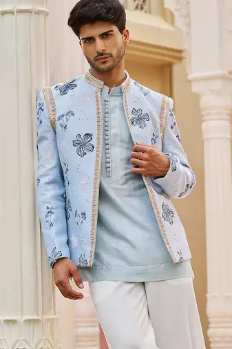 blue raw silk kurta jacket set with bandhgala design