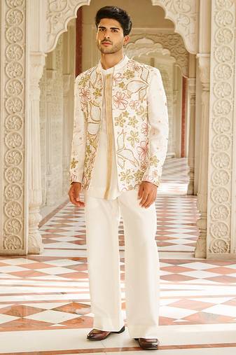 ivory raw silk kurta jacket set with floral embroidery