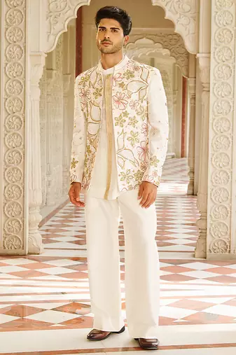ivory raw silk kurta jacket set with floral embroidery