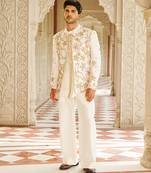 ivory raw silk kurta jacket set with floral embroidery