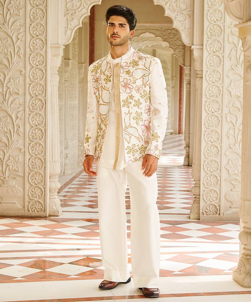 ivory raw silk kurta jacket set with floral embroidery
