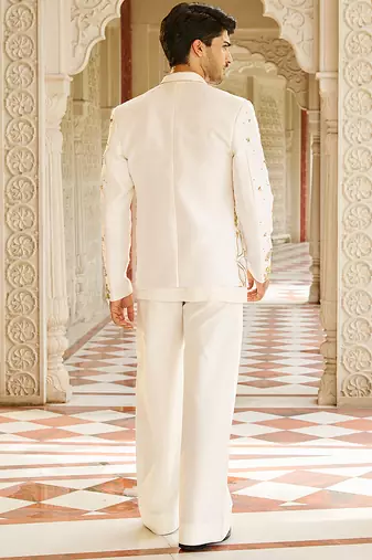 ivory raw silk kurta jacket set with floral embroidery