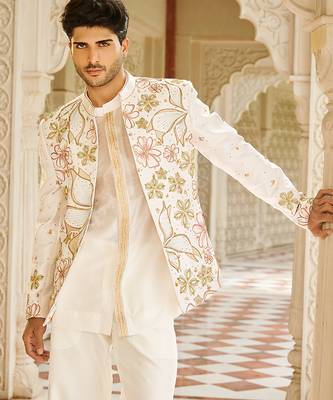 ivory raw silk kurta jacket set with floral embroidery 3