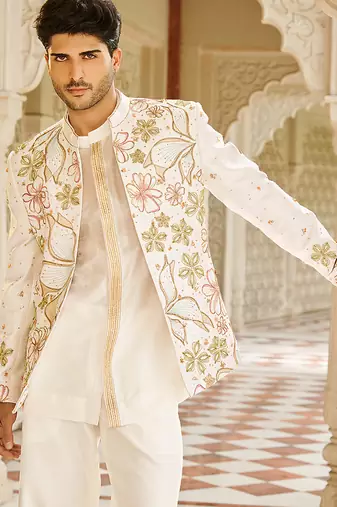 ivory raw silk kurta jacket set with floral embroidery