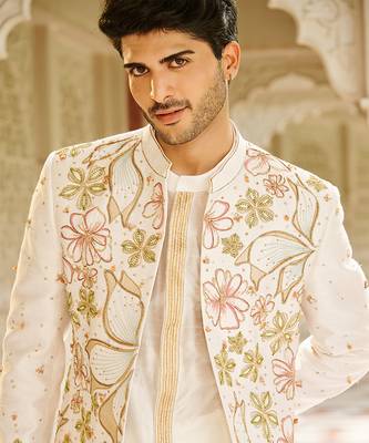 ivory raw silk kurta jacket set with floral embroidery 4