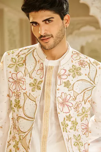 ivory raw silk kurta jacket set with floral embroidery