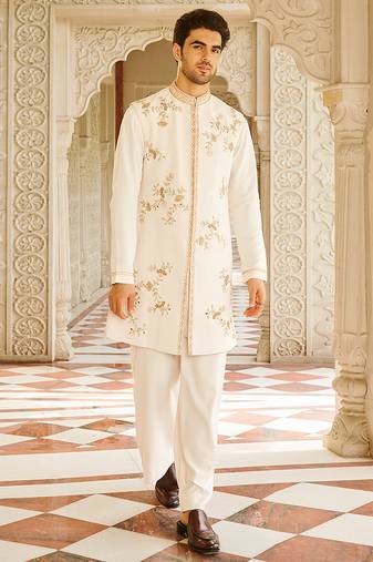 cream cotton sherwani set with embroidered floral design