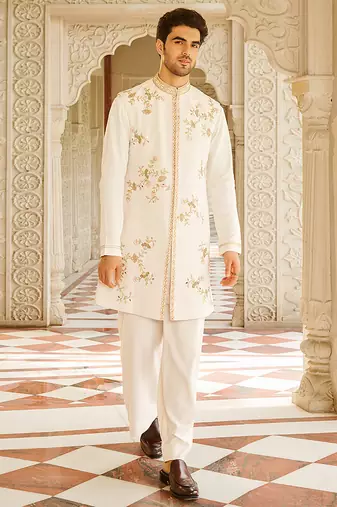 cream cotton sherwani set with embroidered floral design