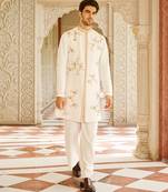 cream cotton sherwani set with embroidered floral design