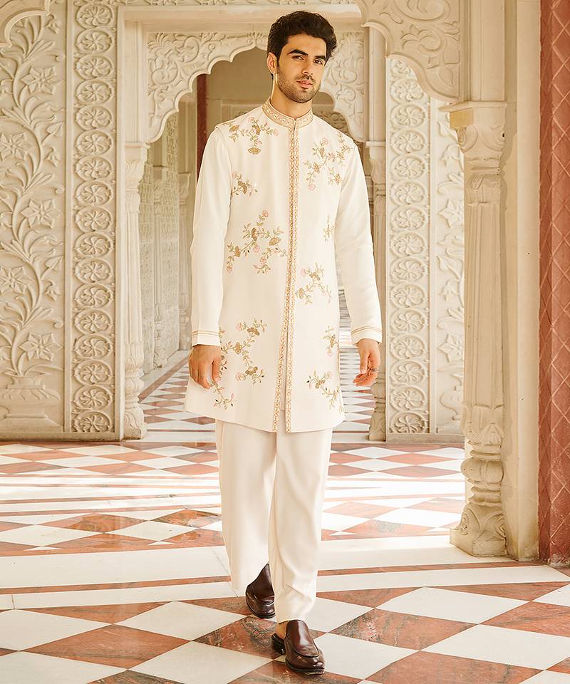 cream cotton sherwani set with embroidered floral design
