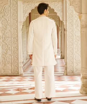cream cotton sherwani set with embroidered floral design 2