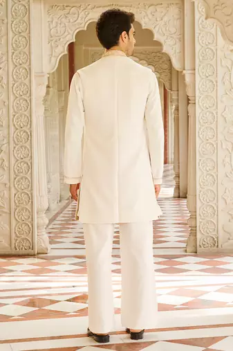 cream cotton sherwani set with embroidered floral design