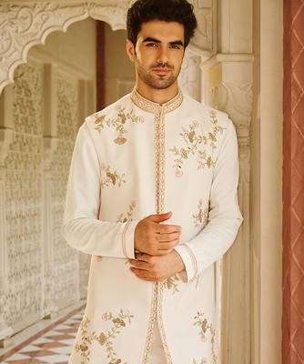 cream cotton sherwani set with embroidered floral design 3