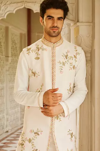 cream cotton sherwani set with embroidered floral design