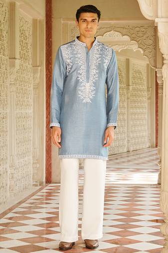 blue silk mens kurta set with embroidered front design