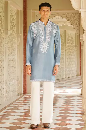 blue silk mens kurta set with embroidered front design