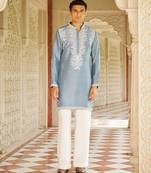 blue silk mens kurta set with embroidered front design