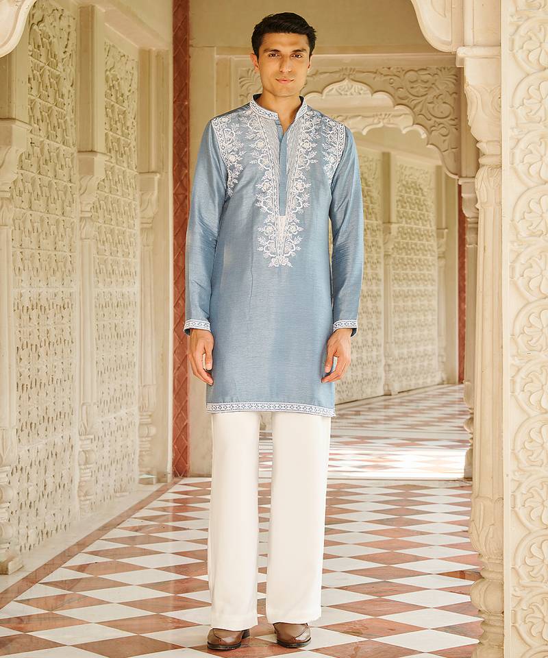 blue silk mens kurta set with embroidered front design