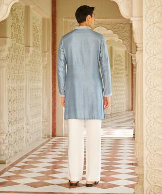 blue silk mens kurta set with embroidered front design 2