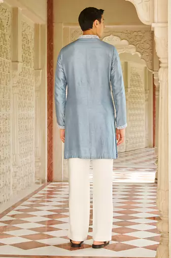 blue silk mens kurta set with embroidered front design