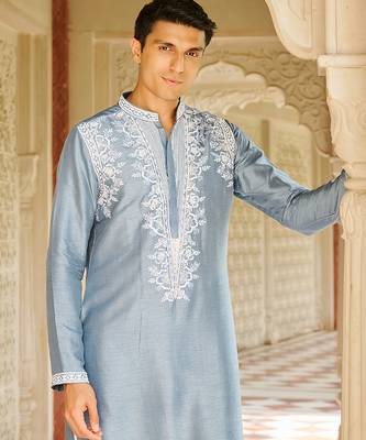blue silk mens kurta set with embroidered front design 3