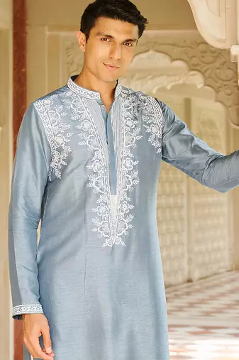 blue silk mens kurta set with embroidered front design