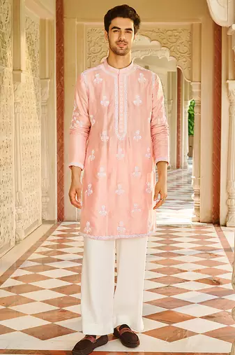 pink silk mens kurta set with embroidered sleeve work