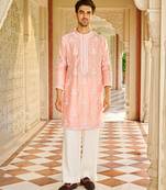 pink silk mens kurta set with embroidered sleeve work