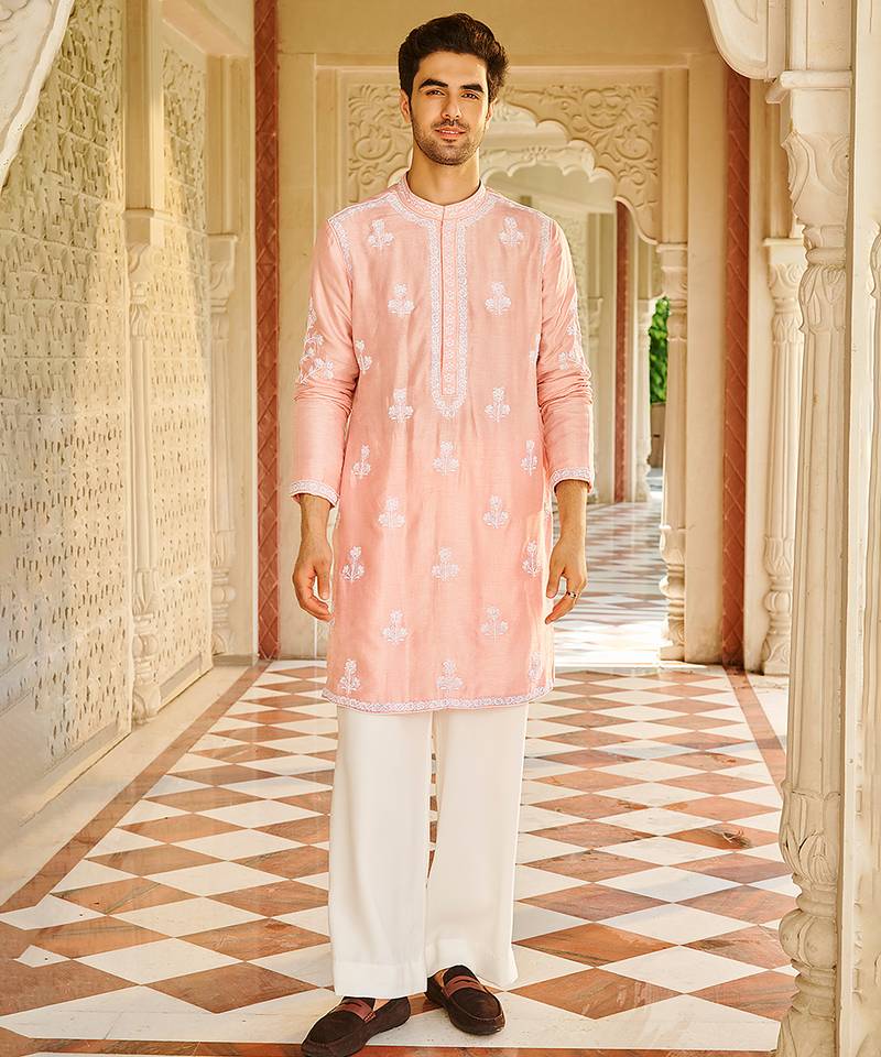pink silk mens kurta set with embroidered sleeve work