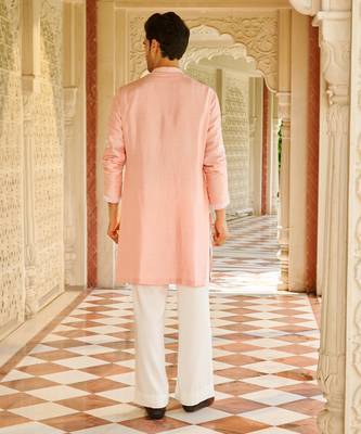 pink silk mens kurta set with embroidered sleeve work 2