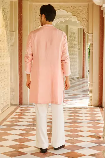 pink silk mens kurta set with embroidered sleeve work