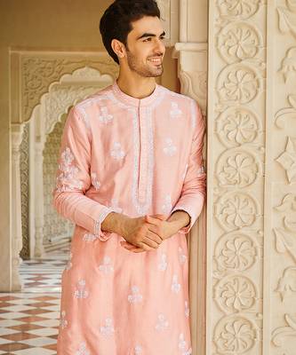 pink silk mens kurta set with embroidered sleeve work 3