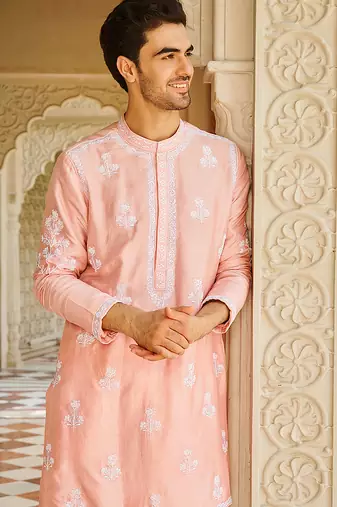 pink silk mens kurta set with embroidered sleeve work