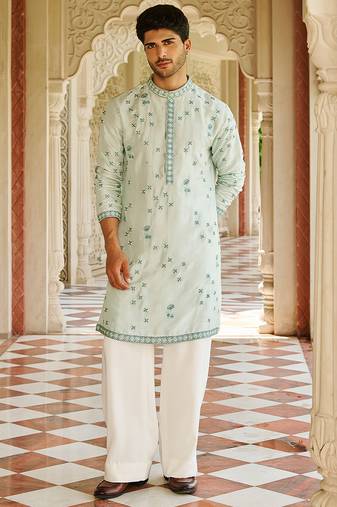 blue silk mens kurta set with floral embroidery
