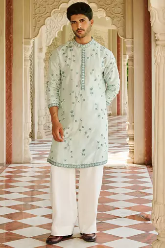 blue silk mens kurta set with floral embroidery