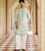 blue silk mens kurta set with floral embroidery