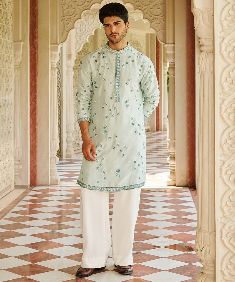 blue silk mens kurta set with floral embroidery