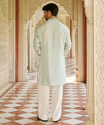 blue silk mens kurta set with floral embroidery 2