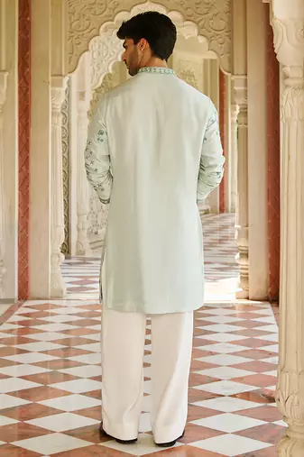blue silk mens kurta set with floral embroidery