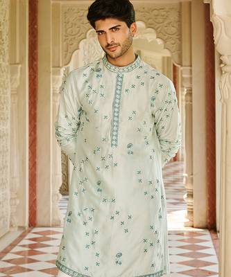blue silk mens kurta set with floral embroidery 3