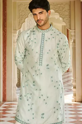 blue silk mens kurta set with floral embroidery