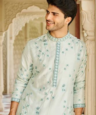 blue silk mens kurta set with floral embroidery 4